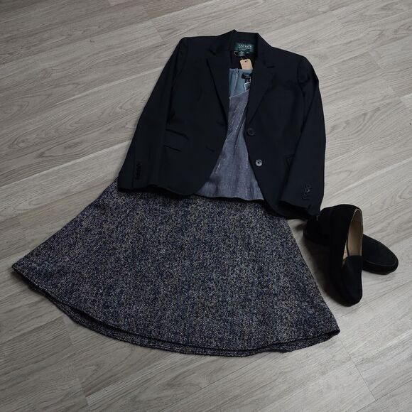 ANN TAYLOR Midi Skirt Size 6 Navy Blue Woven Tweed Wool Blend A-line Twee School - Picture 2 of 6